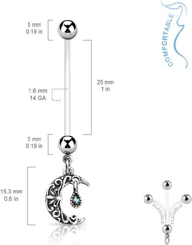 Pierced Owl 14GA Antique Filigree Carved Crescent Moon Dangle BioFlex with 316L Surgical Stainless Steel Pregnancy Navel Belly Button Ring in Saudi Arabia