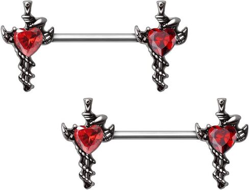Pierced Owl 14GA 316L Stainless Steel Sword and Snake with Red Heart Gem Nipple Barbells, Sold as a Pair in Saudi Arabia