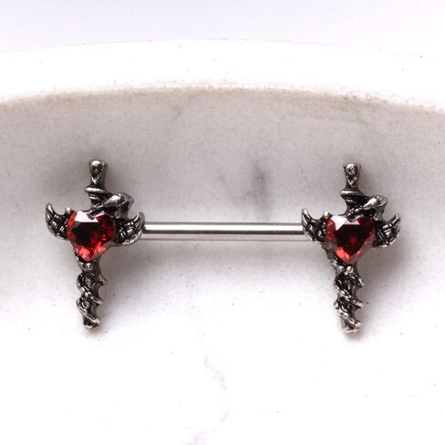 Pierced Owl 14GA 316L Stainless Steel Sword and Snake with Red Heart Gem Nipple Barbells, Sold as a Pair in Saudi Arabia
