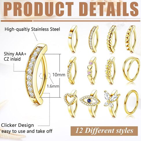 jerywe 12pcs 14g الفرس البطن زر الدائري للنساء الجراحية الصلب تشيكوسلوفاكيا فراشة القلب زهرة هوب البطن زر خواتم الفرس عكس السرة خواتم البطن ثقب المجوهرات الذهب والفضة 10/12 مم in Kuwait
