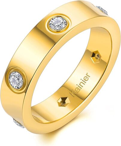 Kainier 5mm عصابات الزفاف 14K حلقات مطلية بالذهب مكعب زركونيا الأحجار تكويم خواتم الوعد للنساء والرجال الموضة الكلاسيكية خاتم الذهب الفرقة الراحة تناسب حجم 5 إلى 10 in Kuwait