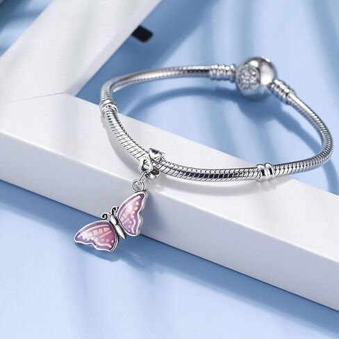 زيون دلاية على شكل فراشة طائرة، حشرات فراشة من الفضة الاسترليني عيار 925 مع قلب حب، خرز على شكل حيوانات من المينا الزهري تناسب قلادة سوار باندورا، هدايا عيد الحب للنساء in Kuwait