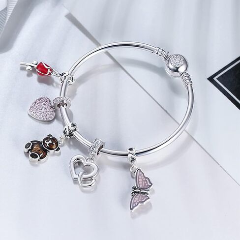 زيون دلاية على شكل فراشة طائرة، حشرات فراشة من الفضة الاسترليني عيار 925 مع قلب حب، خرز على شكل حيوانات من المينا الزهري تناسب قلادة سوار باندورا، هدايا عيد الحب للنساء in Kuwait