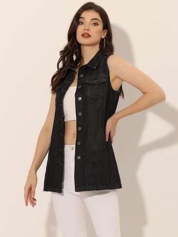 Allegra K Women's Denim Vest Sleeveless Button Down Waistcoat Casual Long Jean Vests in Saudi Arabia