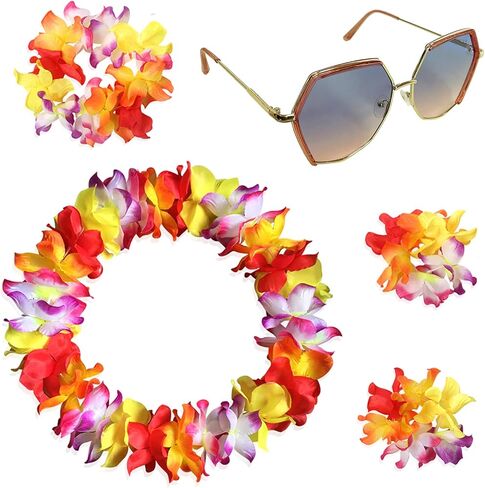 4 Pcs Hawaiian Leis Luau Tropical Headband Flower Crown Wreath Wristbands Eyeglass Glasses Women Floral Necklace Bracelets Sunglasses Headpiece for Summer Vacation Beach Pool Party Decorations Rose in Saudi Arabia