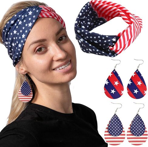 JOYIN 5 Pcs Patriotic Accessories of a US American Flag Headband, 4 Leather Earrings for 4th July Celebration, Independence Day, Memorial Day, Veterans Day, Patriotic Themed Party Dress-up in Saudi Arabia