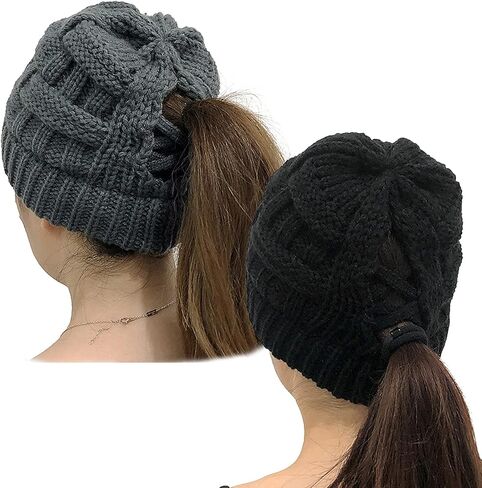 PHOGARY Ponytail Hat Messy Bun Beanie for Women Warm Trendy Soft Stretch Criss Cross Hat for Women Knit Hats for Women Winter Cute Winter Hats for Women 2 Pack (Black & Dark Gray) in Saudi Arabia