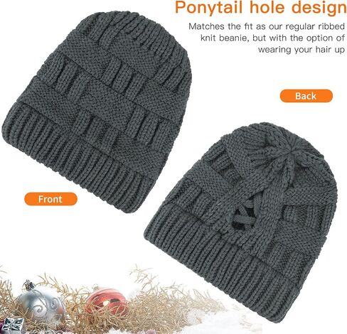 PHOGARY Ponytail Hat Messy Bun Beanie for Women Warm Trendy Soft Stretch Criss Cross Hat for Women Knit Hats for Women Winter Cute Winter Hats for Women 2 Pack (Black & Dark Gray) in Saudi Arabia