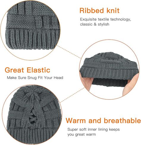 PHOGARY Ponytail Hat Messy Bun Beanie for Women Warm Trendy Soft Stretch Criss Cross Hat for Women Knit Hats for Women Winter Cute Winter Hats for Women 2 Pack (Black & Dark Gray) in Saudi Arabia