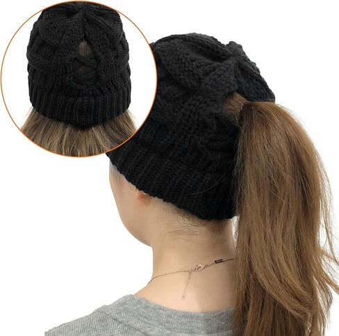 PHOGARY Ponytail Hat Messy Bun Beanie for Women Warm Trendy Soft Stretch Criss Cross Hat for Women Knit Hats for Women Winter Cute Winter Hats for Women 2 Pack (Black & Dark Gray) in Saudi Arabia