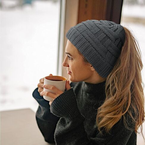 PHOGARY Ponytail Hat Messy Bun Beanie for Women Warm Trendy Soft Stretch Criss Cross Hat for Women Knit Hats for Women Winter Cute Winter Hats for Women 2 Pack (Black & Dark Gray) in Saudi Arabia