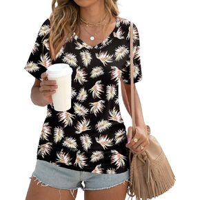 Anydoll Womens 2024 Spring Summer Tunic Tops Casual Short Sleeve V Neck Tshirts with Side Shirring Ruched Blouse