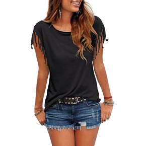 تي شيرت نسائي من Cosonsen بأكمام قصيرة ورقبة دائرية مزين بشراشيب، تي شيرت صيفي كاجوال in Kuwait