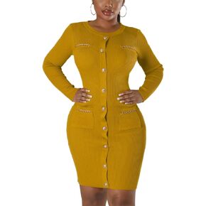 fiocko Women's Knitted Dress Fashion Crewneck Long Sleeve Bodycon Elegant Casual Solid Pullover Warmth Pencil Dress