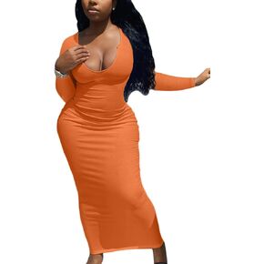 Mulisky Women's Sexy Bodycon Maxi Dress Deep V Neck Long Sleeve Ribbed Midi Party Club Dress in Kuwait