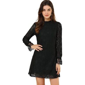 Allegra K Women's Valentine's Day Cocktail Elegant Ruffle Crew Neck Floral Lace Shift Dress in Kuwait