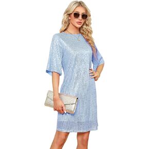 MAYSTEPPE Sparkly Glitter Dress for Women Sequin Glitter Round Neck Short Sleeve Sparkly Dress Sexy Night Out Sequin Dress in Kuwait
