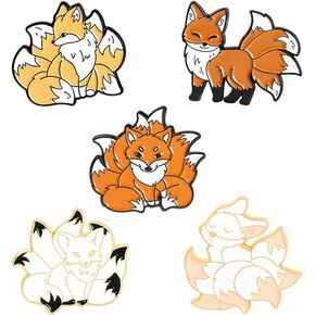 AFSJEEP 5 Pieces Cartoon Animal Brooches Nine Tailed Fox Enamel Brooch Alloy Metal Pins Cute Fluffy Red Fox Pet Enamel pin, Alloy Steel, no gemstone in Kuwait