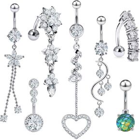 Kridzisw 7 قطعة حلقات زر البطن للنساء 14 جرام الفولاذ المقاوم للصدأ الفتيات السرة حلقات البطن كريستال تشيكوسلوفاكيا الحديد ثقب الجسم 10 مللي متر بار in Kuwait