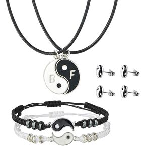 قلادات يين يانغ لشخصين من افضل اصدقاء مع اساور حبل متطابقة قابلة للتعديل واقراط مرصعة للاصدقاء المقربين والاصدقاء وعيد الحب والصديقة (4 ازواج)، معدن، غير معروف in Kuwait