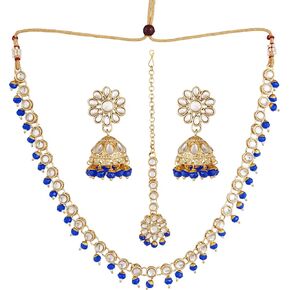 Jwellmart Gold Polish Faux Kundan Bridal Wedding Choker Necklace Earrings Tika Combo Set Bollywood Party Traditional Fashion Indian Jewelry Jewellery Set for Women in Kuwait