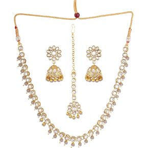 Jwellmart Gold Polish Faux Kundan Bridal Wedding Choker Necklace Earrings Tika Combo Set Bollywood Party Traditional Fashion Indian Jewelry Jewellery Set for Women in Kuwait