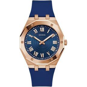 GUESS Men's 42mm Watch - Blue Strap Blue Dial Rose Gold Tone Case