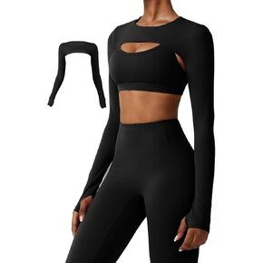 Vertvie Women Long Sleeve Crop Top Bolero Shrugs Workout Tops Open Front Cropped Cardigan Cutout Yoga Sports Tee Arm Covers