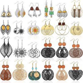 Landical 24 Pairs Boho Dangle Earrings Wooden Vintage Retro Hollow out Circle Earrings Alloy Ethnic Style Lightweight Geometric Earrings for Women Girls