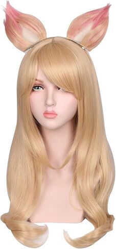 شعر مستعار تنكري أشقر طويل مموج وأذني ثعلب لحفلات الهالوين والكوني (أشقر) من ColorGround in Kuwait