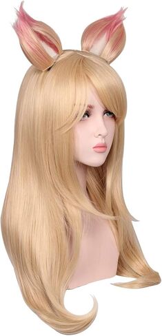 شعر مستعار تنكري أشقر طويل مموج وأذني ثعلب لحفلات الهالوين والكوني (أشقر) من ColorGround in Kuwait