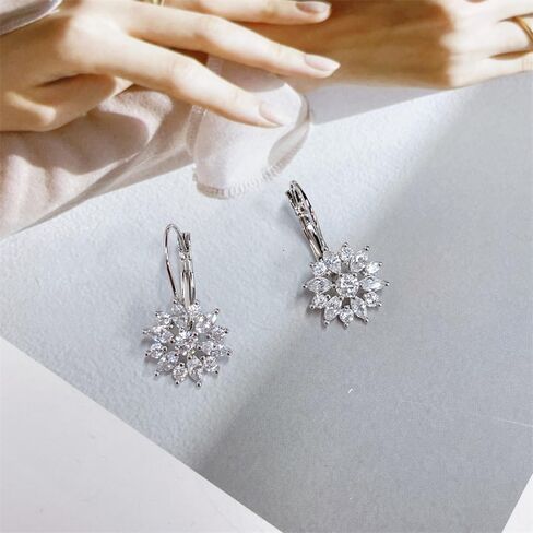 Luxury Snowflake Cubic Zirconia Leverback Dangle Drop Earrings for Women Girls Dainty Sterling Silver Plated Crystal Flower Winter Christmas Dangling Hypoallergenic Decoration Party Holiday Jewelry Gift in Saudi Arabia