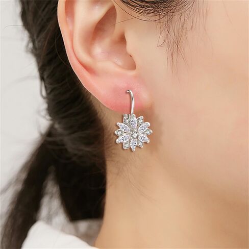 Luxury Snowflake Cubic Zirconia Leverback Dangle Drop Earrings for Women Girls Dainty Sterling Silver Plated Crystal Flower Winter Christmas Dangling Hypoallergenic Decoration Party Holiday Jewelry Gift in Saudi Arabia