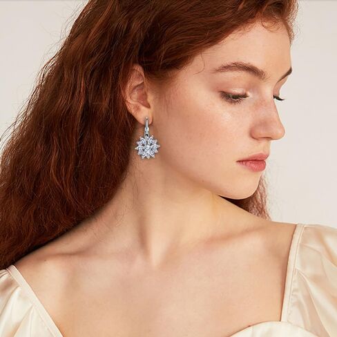 Luxury Snowflake Cubic Zirconia Leverback Dangle Drop Earrings for Women Girls Dainty Sterling Silver Plated Crystal Flower Winter Christmas Dangling Hypoallergenic Decoration Party Holiday Jewelry Gift in Saudi Arabia
