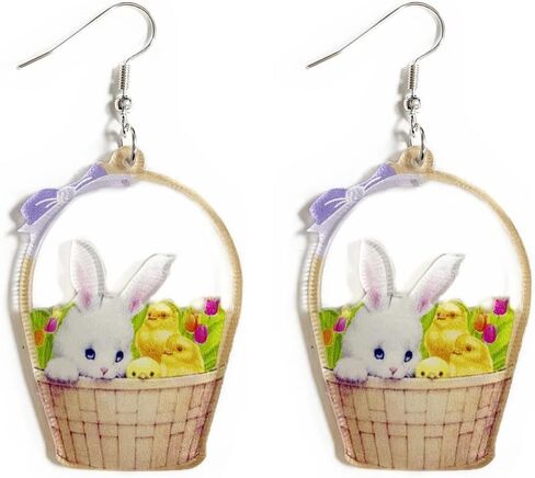 Cute Acrylic Wooden Easter Rabbit Bunny Drop Earrings Mushroom Colorful Holiday Easter Eggs Flower Basket Dangle Earrings for Women Girls Jewelry Gift in Saudi Arabia