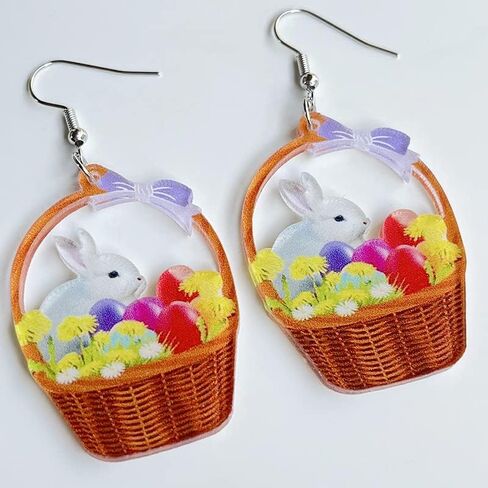 Cute Acrylic Wooden Easter Rabbit Bunny Drop Earrings Mushroom Colorful Holiday Easter Eggs Flower Basket Dangle Earrings for Women Girls Jewelry Gift in Saudi Arabia