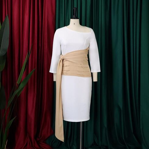 فستان نسائي Pinup عتيق مكشكش غير منتظم بأكمام 3/4 وسحاب خلفي وحفلات الكوكتيل والأعمال التجارية (أبيض 2XL) in Kuwait