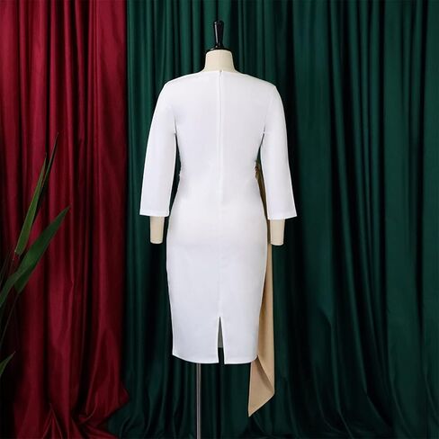 فستان نسائي Pinup عتيق مكشكش غير منتظم بأكمام 3/4 وسحاب خلفي وحفلات الكوكتيل والأعمال التجارية (أبيض 2XL) in Kuwait