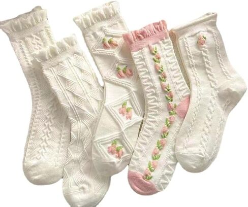 Cimvide 5 Pair Preppy Cute Socks for Women Lace Ruffle Ankle Socks Cottagecore Mide Tube Cotton Socks Emo Accessories in Saudi Arabia
