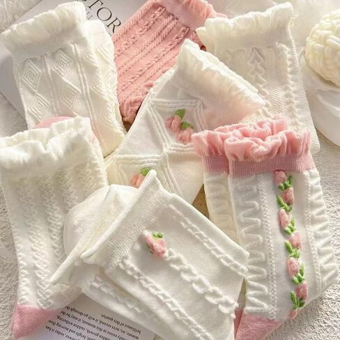 Cimvide 5 Pair Preppy Cute Socks for Women Lace Ruffle Ankle Socks Cottagecore Mide Tube Cotton Socks Emo Accessories in Saudi Arabia