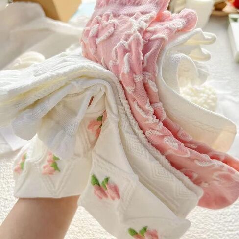 Cimvide 5 Pair Preppy Cute Socks for Women Lace Ruffle Ankle Socks Cottagecore Mide Tube Cotton Socks Emo Accessories in Saudi Arabia