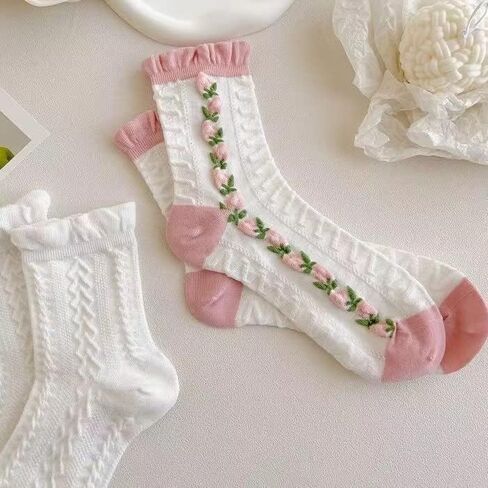 Cimvide 5 Pair Preppy Cute Socks for Women Lace Ruffle Ankle Socks Cottagecore Mide Tube Cotton Socks Emo Accessories in Saudi Arabia