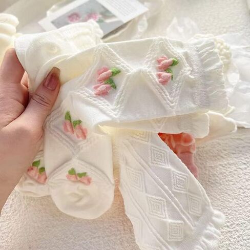 Cimvide 5 Pair Preppy Cute Socks for Women Lace Ruffle Ankle Socks Cottagecore Mide Tube Cotton Socks Emo Accessories in Saudi Arabia