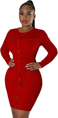 fiocko Women's Knitted Dress Fashion Crewneck Long Sleeve Bodycon Elegant Casual Solid Pullover Warmth Pencil Dress in Saudi Arabia