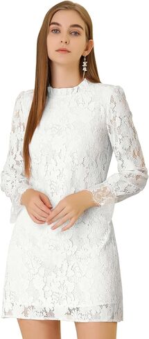 Allegra K Women's Valentine's Day Cocktail Elegant Ruffle Crew Neck Floral Lace Shift Dress in Saudi Arabia