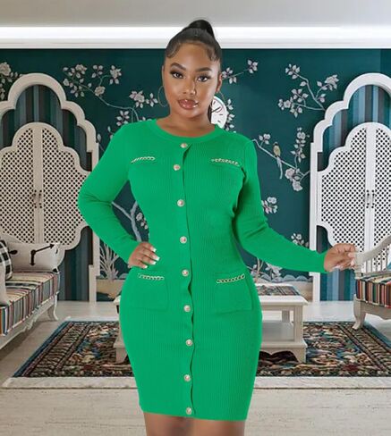 fiocko Women's Knitted Dress Fashion Crewneck Long Sleeve Bodycon Elegant Casual Solid Pullover Warmth Pencil Dress in Saudi Arabia