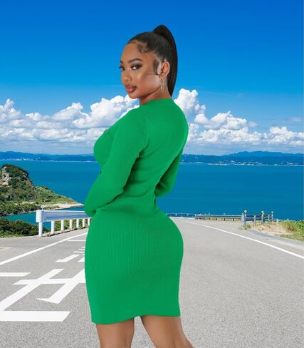 fiocko Women's Knitted Dress Fashion Crewneck Long Sleeve Bodycon Elegant Casual Solid Pullover Warmth Pencil Dress in Saudi Arabia