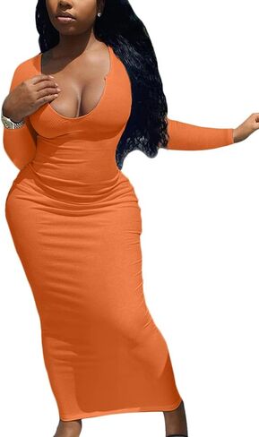 Mulisky Women's Sexy Bodycon Maxi Dress Deep V Neck Long Sleeve Ribbed Midi Party Club Dress in Kuwait