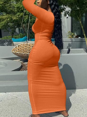 Mulisky Women's Sexy Bodycon Maxi Dress Deep V Neck Long Sleeve Ribbed Midi Party Club Dress in Kuwait