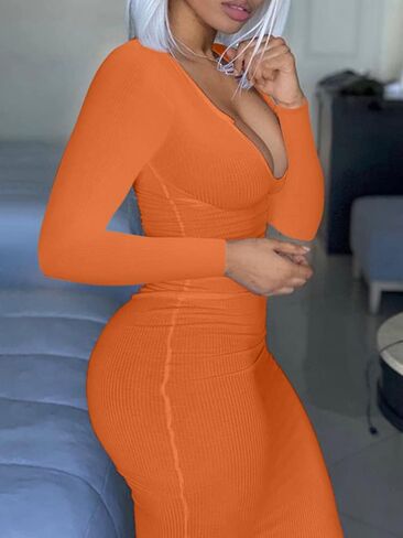 Mulisky Women's Sexy Bodycon Maxi Dress Deep V Neck Long Sleeve Ribbed Midi Party Club Dress in Kuwait